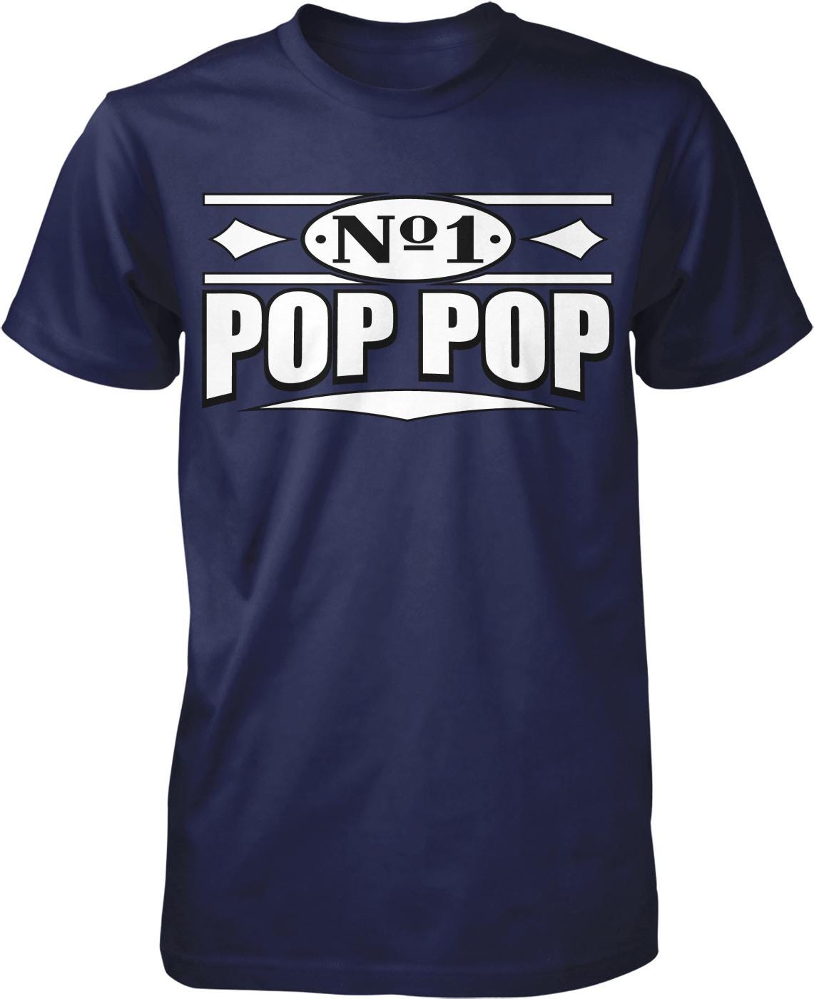 A navy blue t-shirt with the text "No 1 POP POP" printed on it.