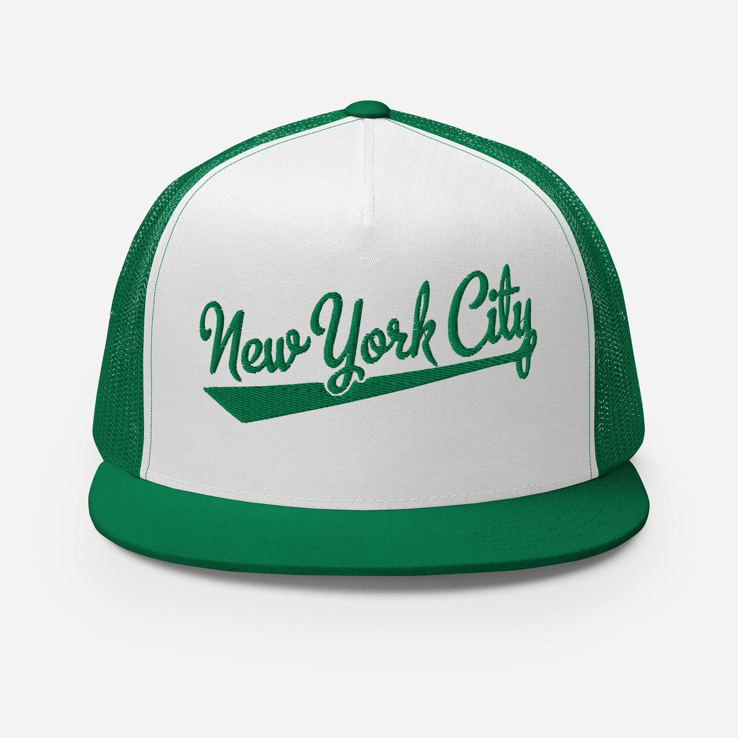A green and white baseball cap with the text "New York City" printed on it.