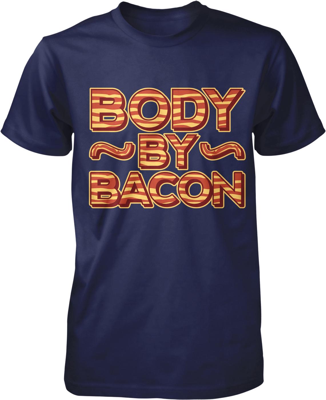 A navy blue t-shirt with the text "BODY BY BACON" printed on it in a bold, stylized font.
