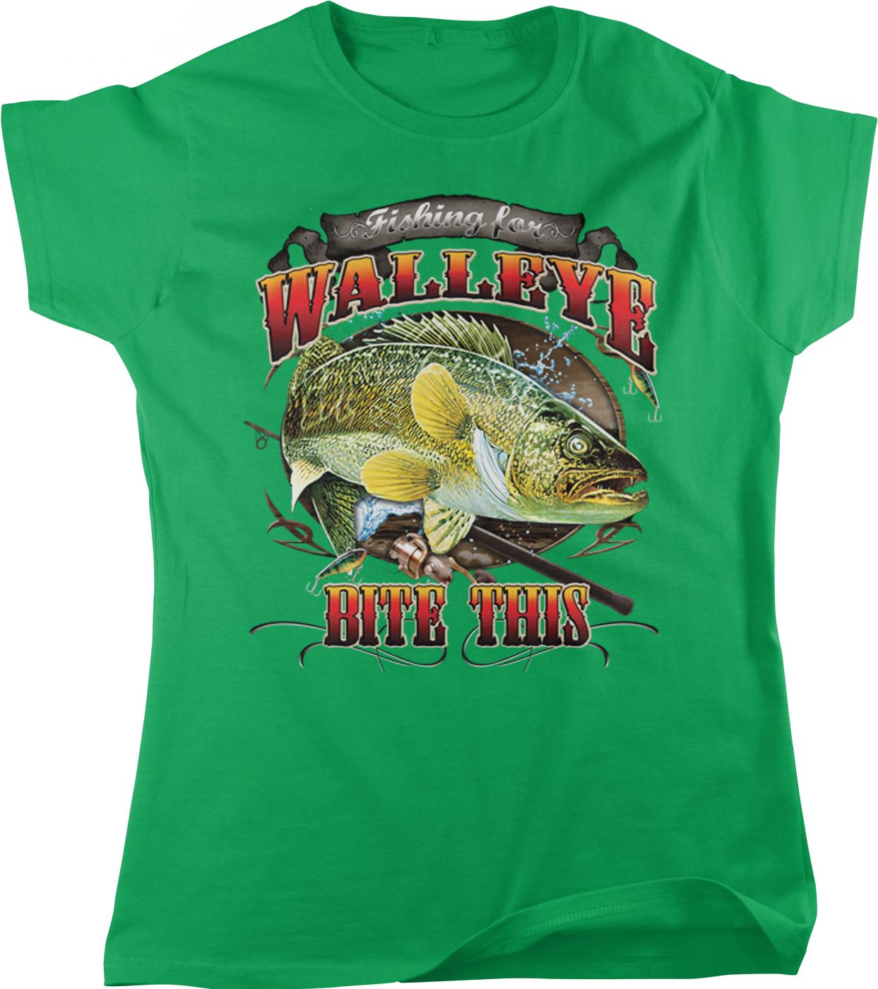 A green t-shirt with a graphic design featuring a fish and the text "Fishing for WALLEYE BITE THIS".