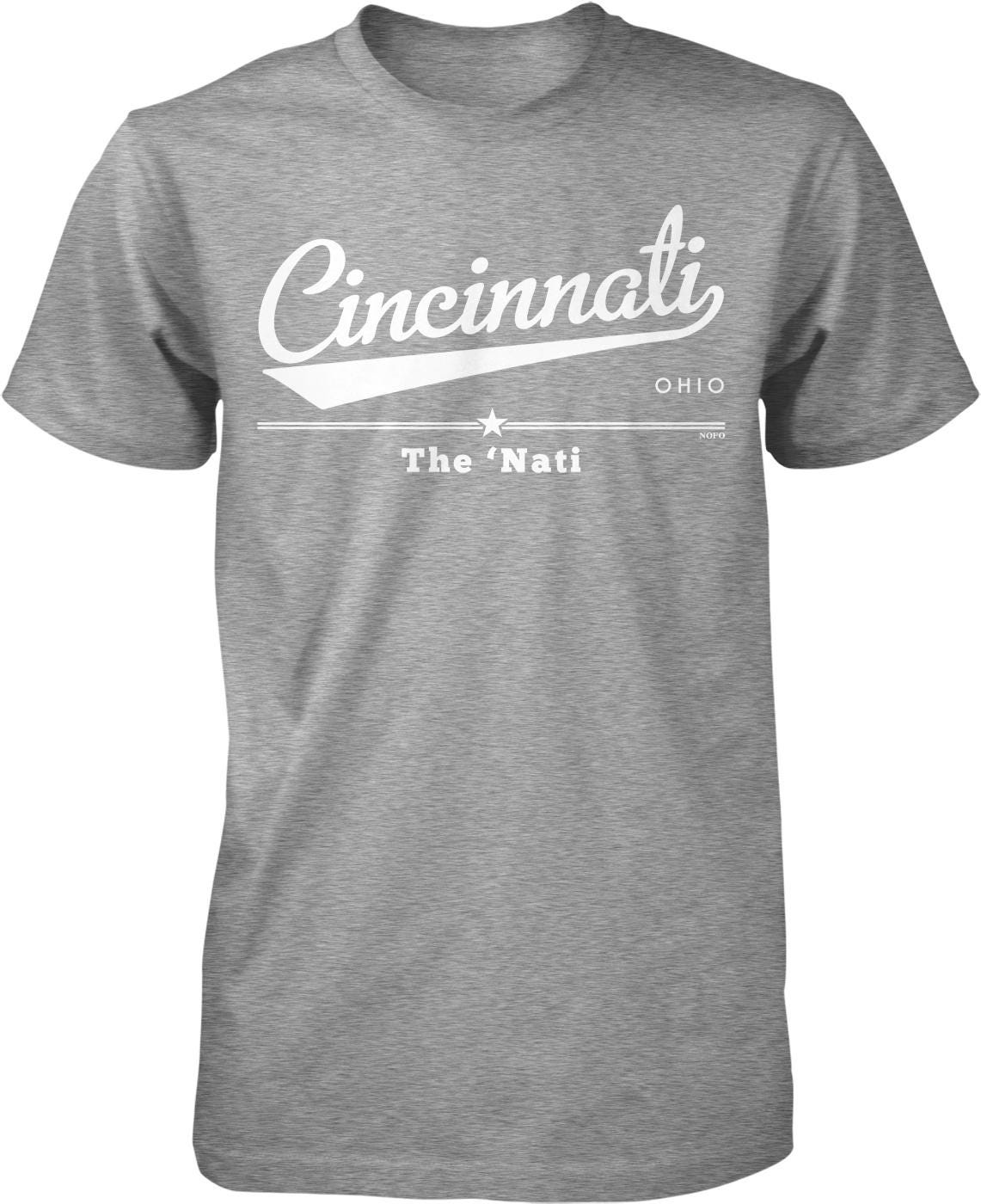 A gray t-shirt with white text and graphics printed on it.