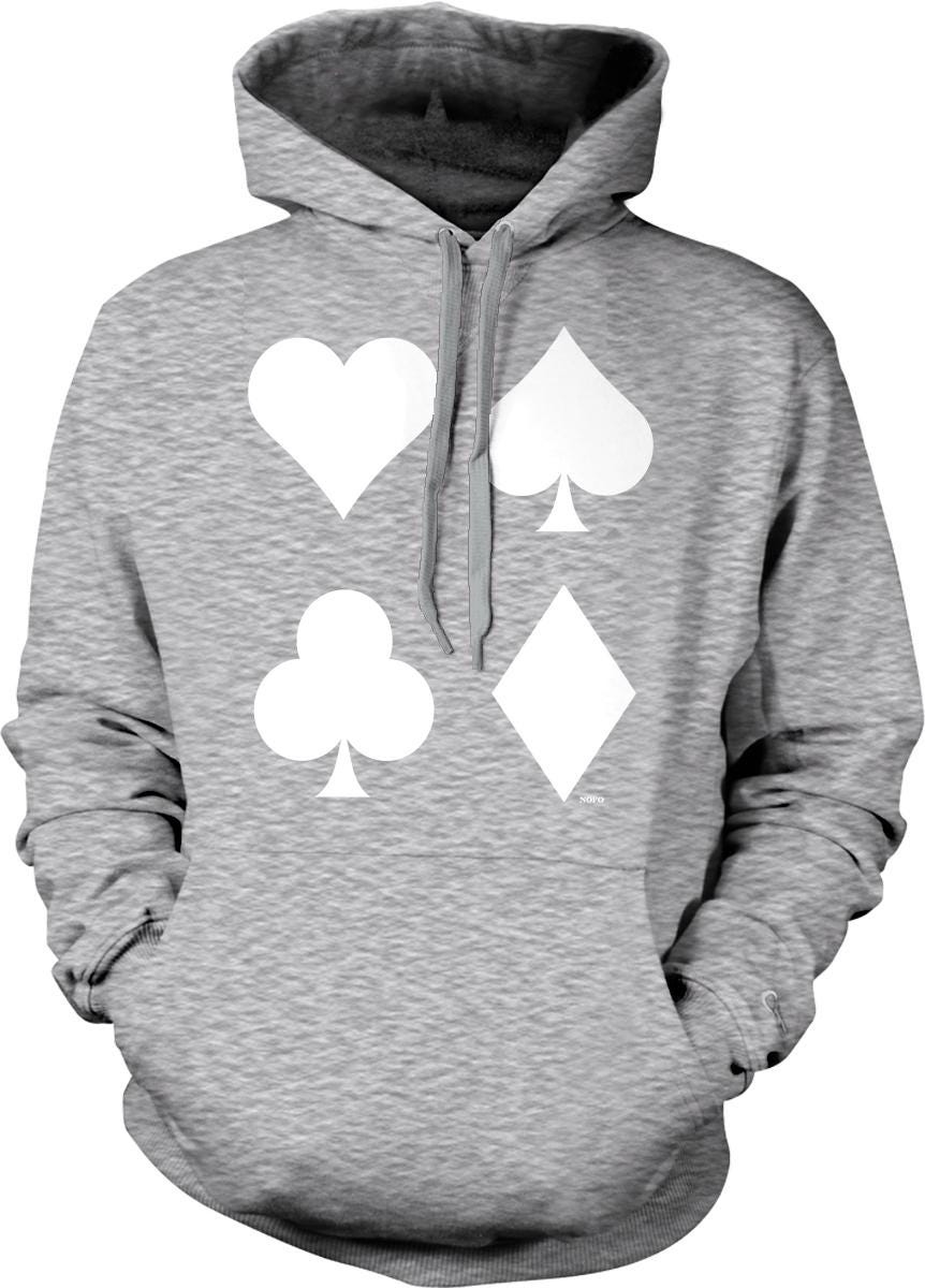 A gray hoodie with a graphic design featuring four white playing card symbols: a heart, a spade, a club, and a diamond.