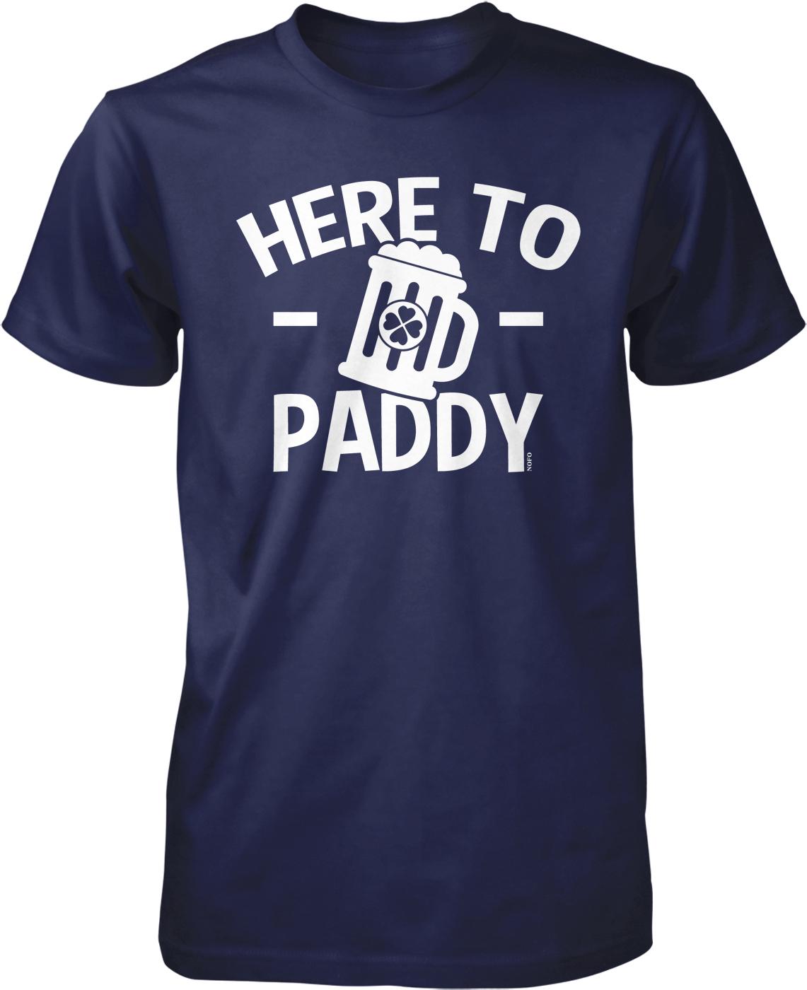 A navy blue t-shirt with the text "HERE TO PADDY" printed on it.