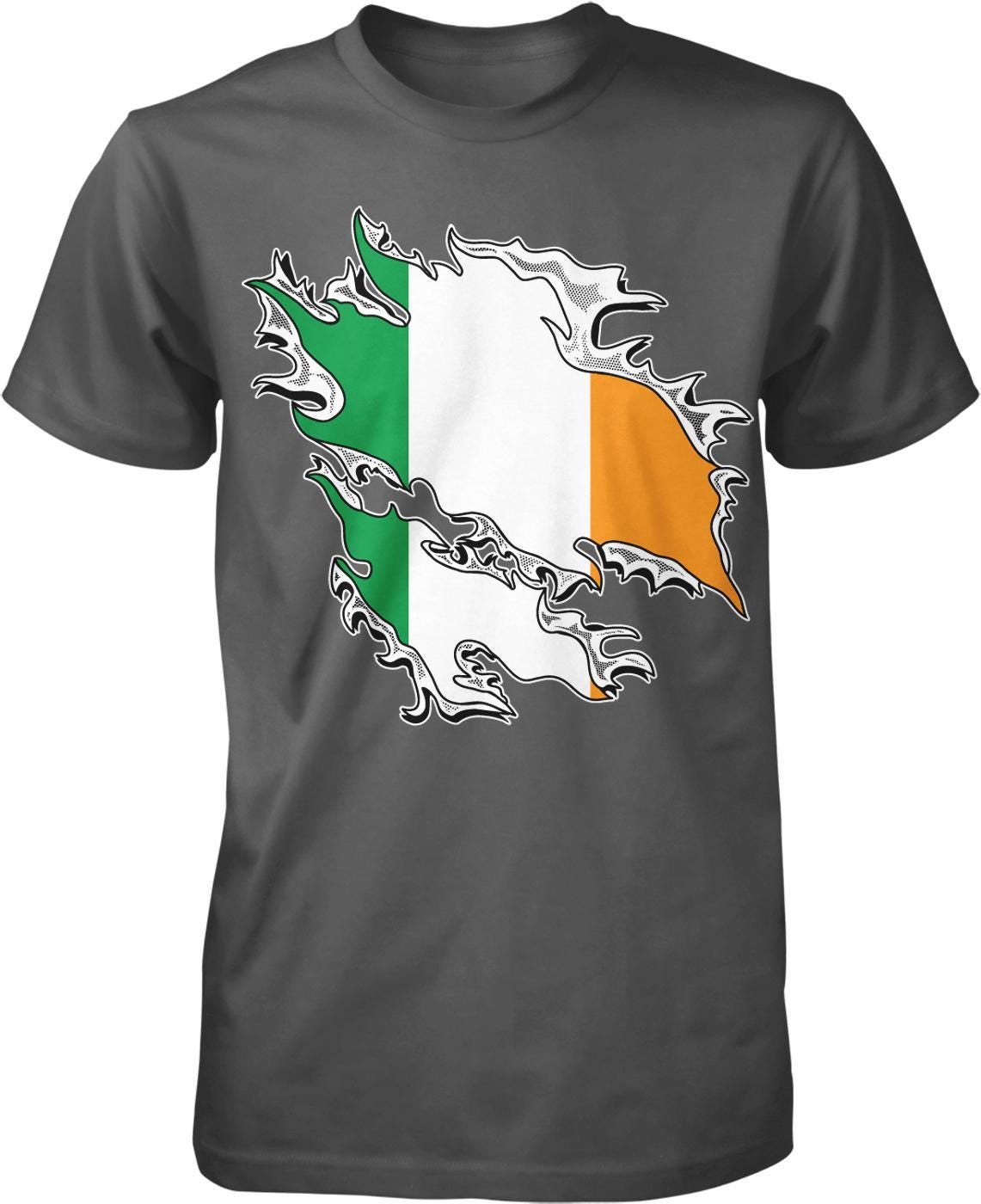 A gray t-shirt with a graphic design depicting the flag of Ireland, which is a white, green, and orange rectangular shape with a jagged edge.