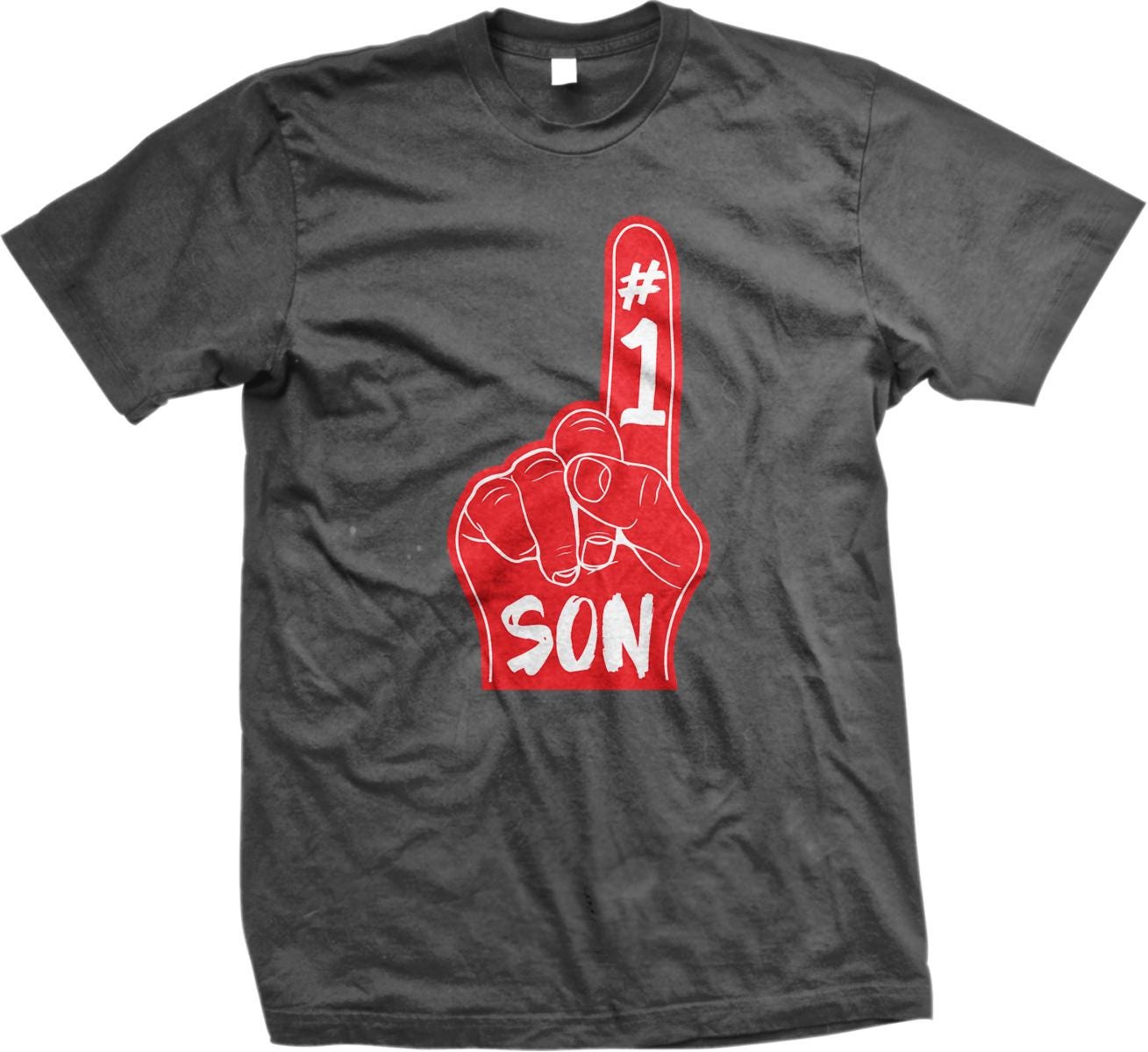 A black t-shirt with a red graphic design depicting a hand with the number 1 and the word "SON" written below it.