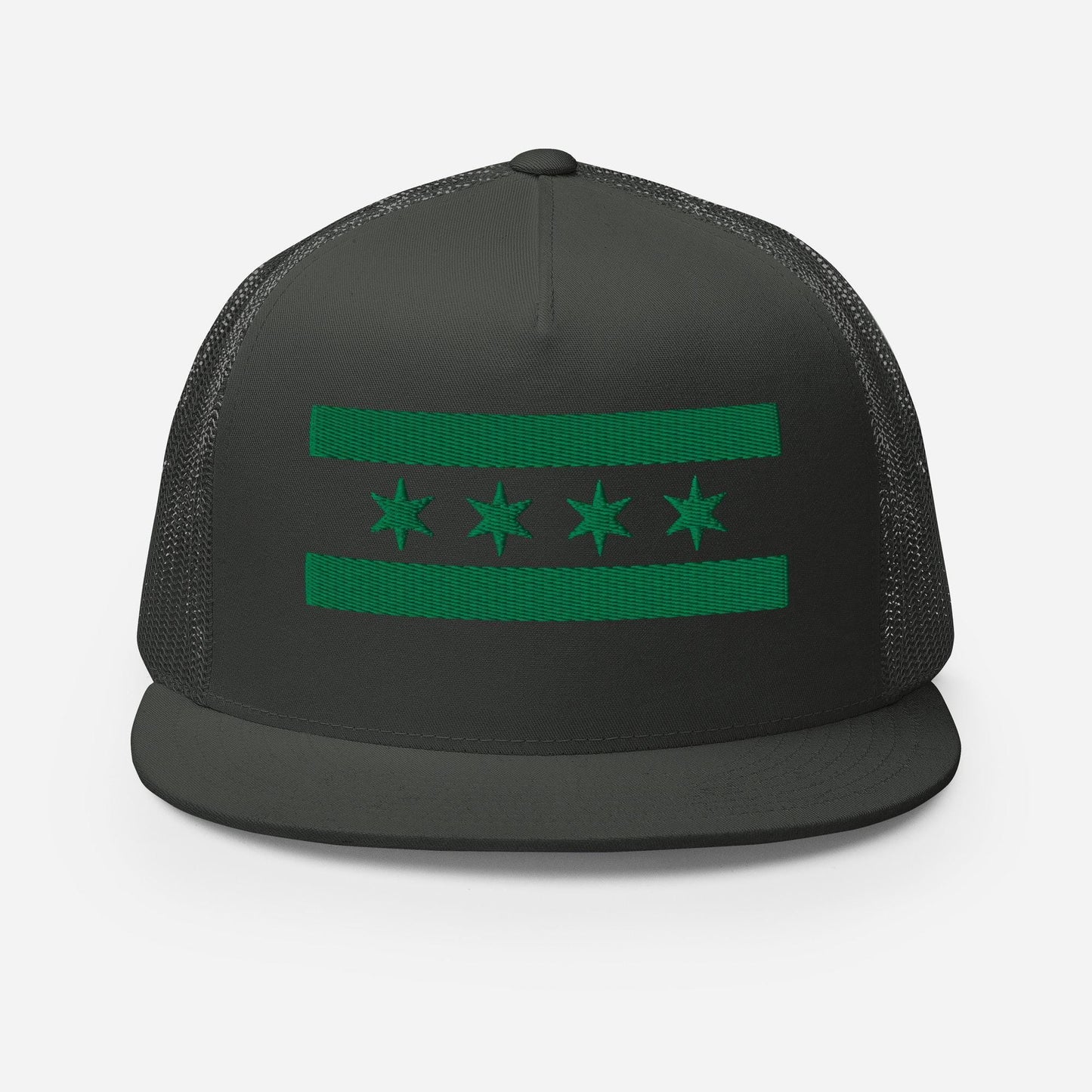 A black baseball cap with a green graphic design on the front.