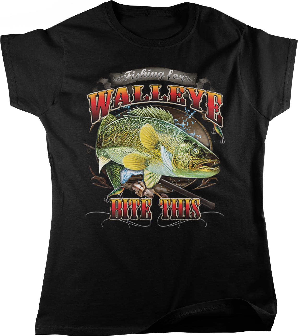 A black t-shirt with a graphic design featuring a large fish and the text "Fishing for WALLEYE BITE THIS".