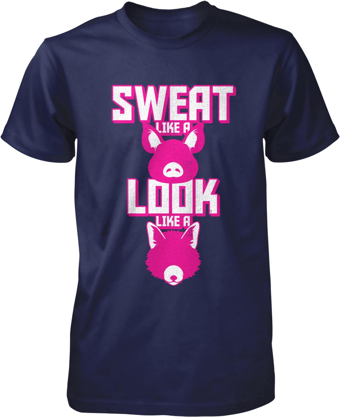 a dark blue t-shirt with a graphic design that includes a pink pig and the text "SWEAT LIKE A LOOK LIKE A PIG".