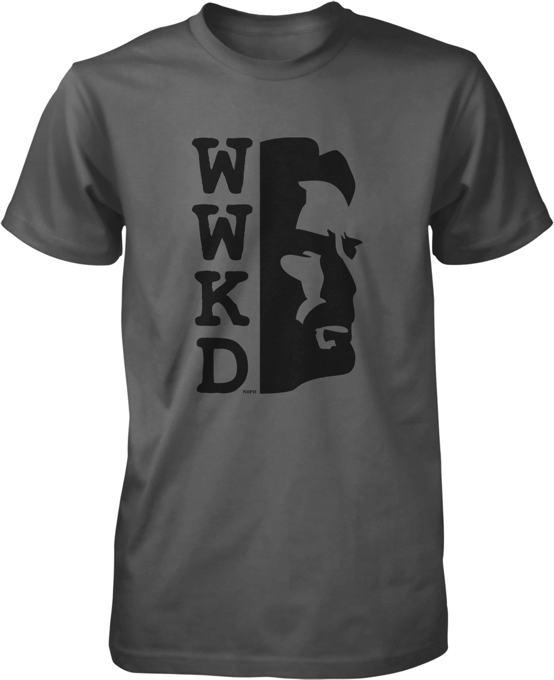 A gray t-shirt with a graphic design featuring a silhouette of a person's face with the letters 'WKD' above it.