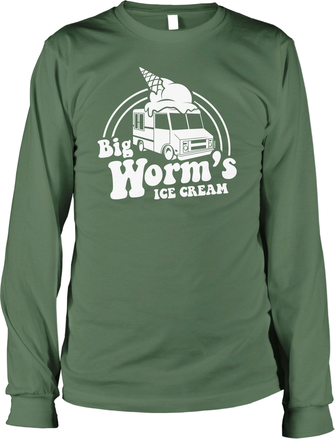 A green long-sleeved t-shirt with a white graphic design depicting an ice cream truck and the text "Big Worm's Ice Cream".