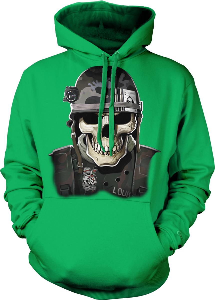 A green hoodie with a graphic of a skull wearing a military-style helmet and carrying a badge.