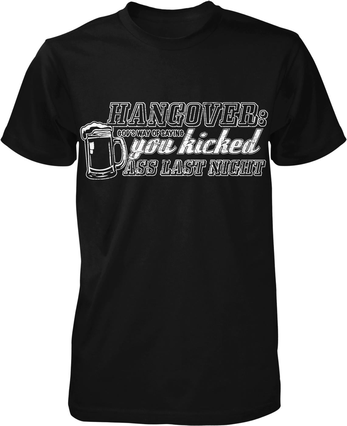 A black t-shirt with white text and graphics.