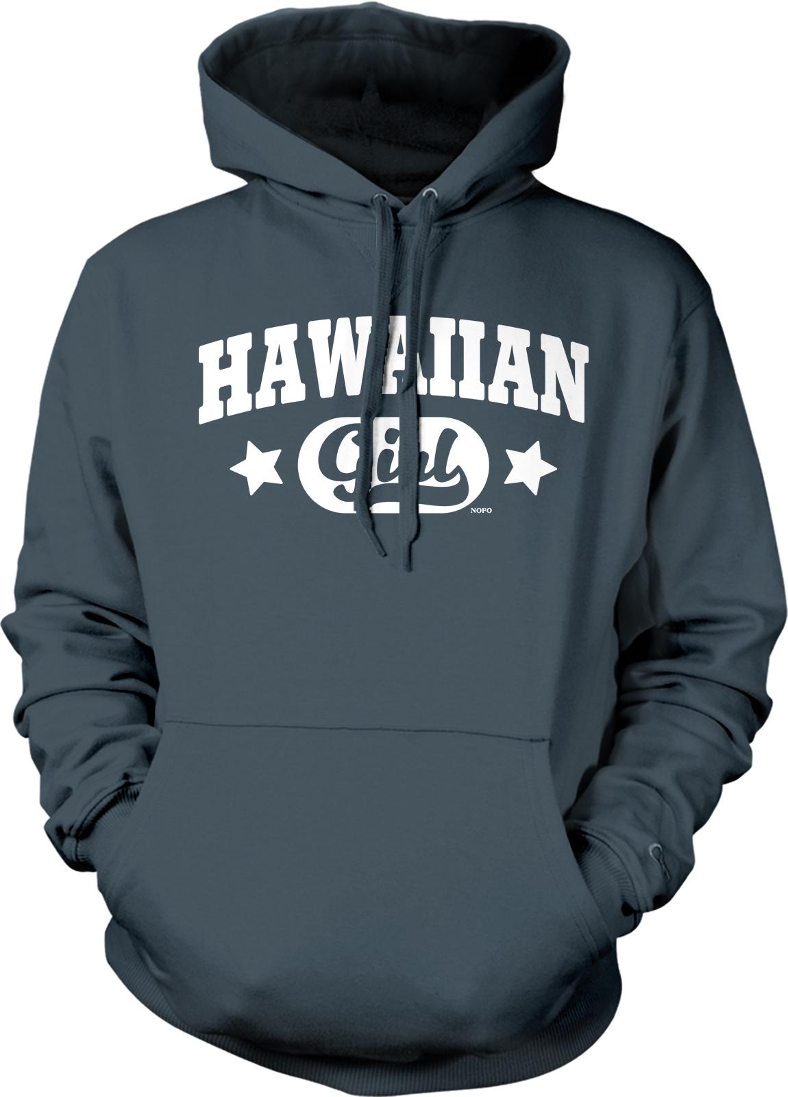 A dark grey hoodie with the text "HAWAIIAN GIRL" printed on it in white letters.