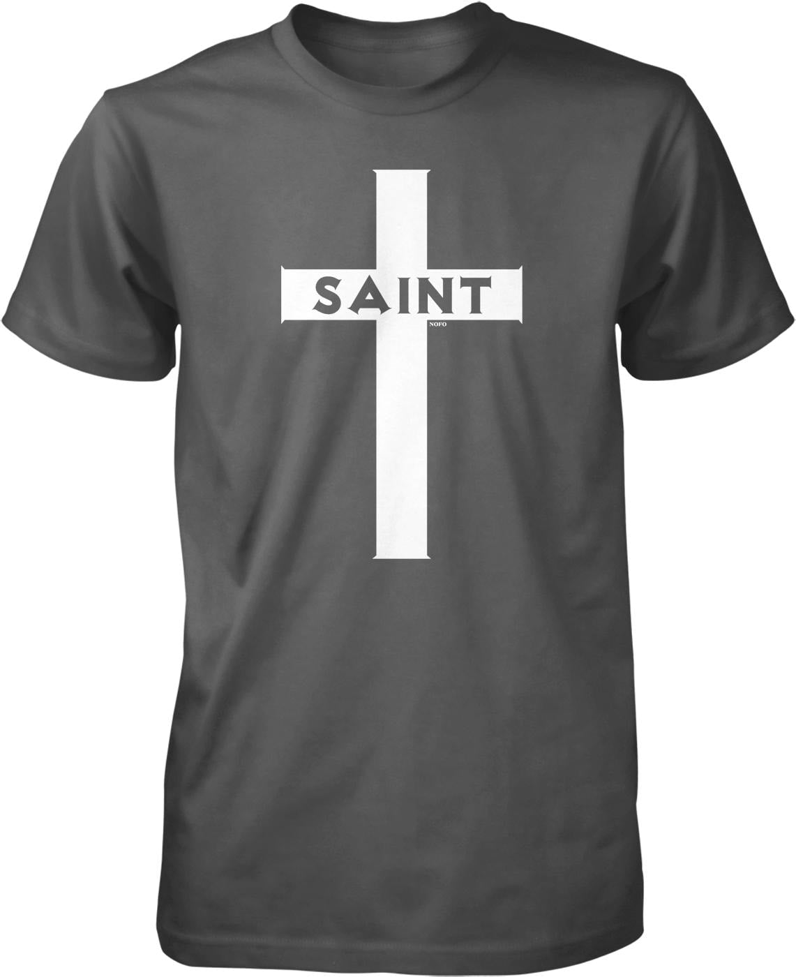A gray t-shirt with a white cross graphic and the word "SAINT" printed on it.