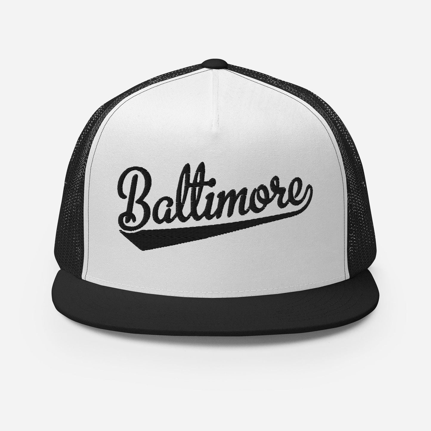 A black and white baseball cap with the word "Baltimore" printed on it.