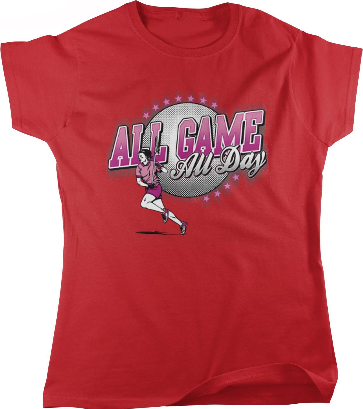 A red t-shirt with a graphic design featuring a woman running and the text "All Game All Day" in pink and purple colors.