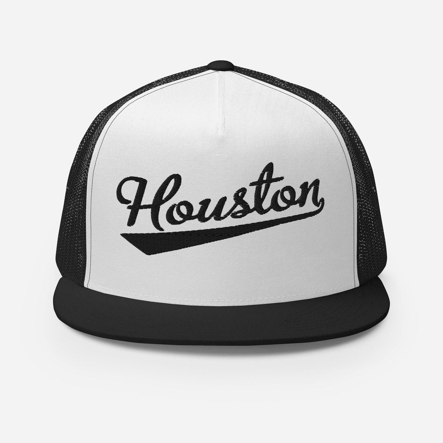A black and white baseball cap with the word "Houston" printed on it.