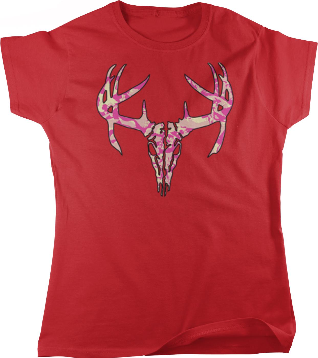 A red t-shirt with a graphic design of a deer skull and antlers.
