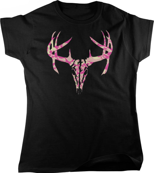 Pink Camo Deer Skull Shirt | Full Cut Women's Hunting Tee in Pink Camouflage
