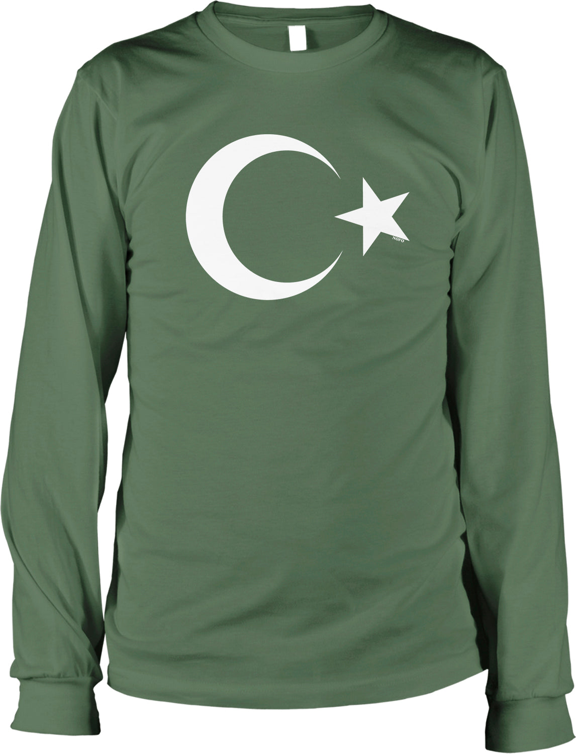 A long-sleeved green t-shirt with a white crescent moon and star graphic printed on it.