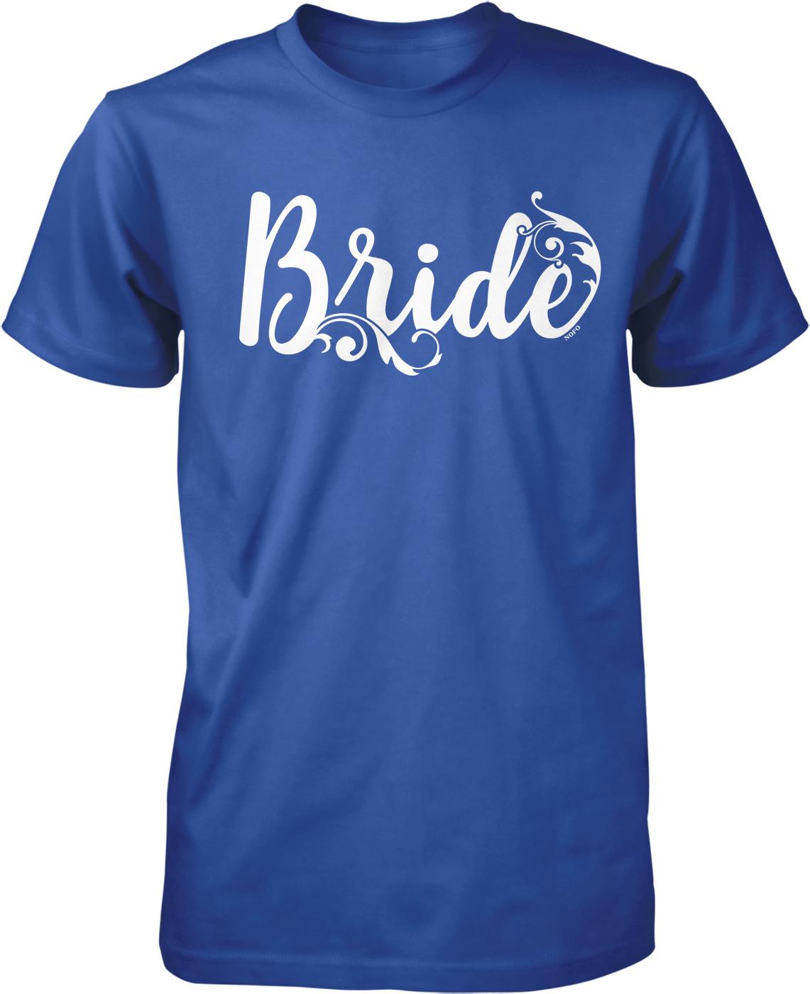 A blue t-shirt with the word "Bride" printed in white cursive text.