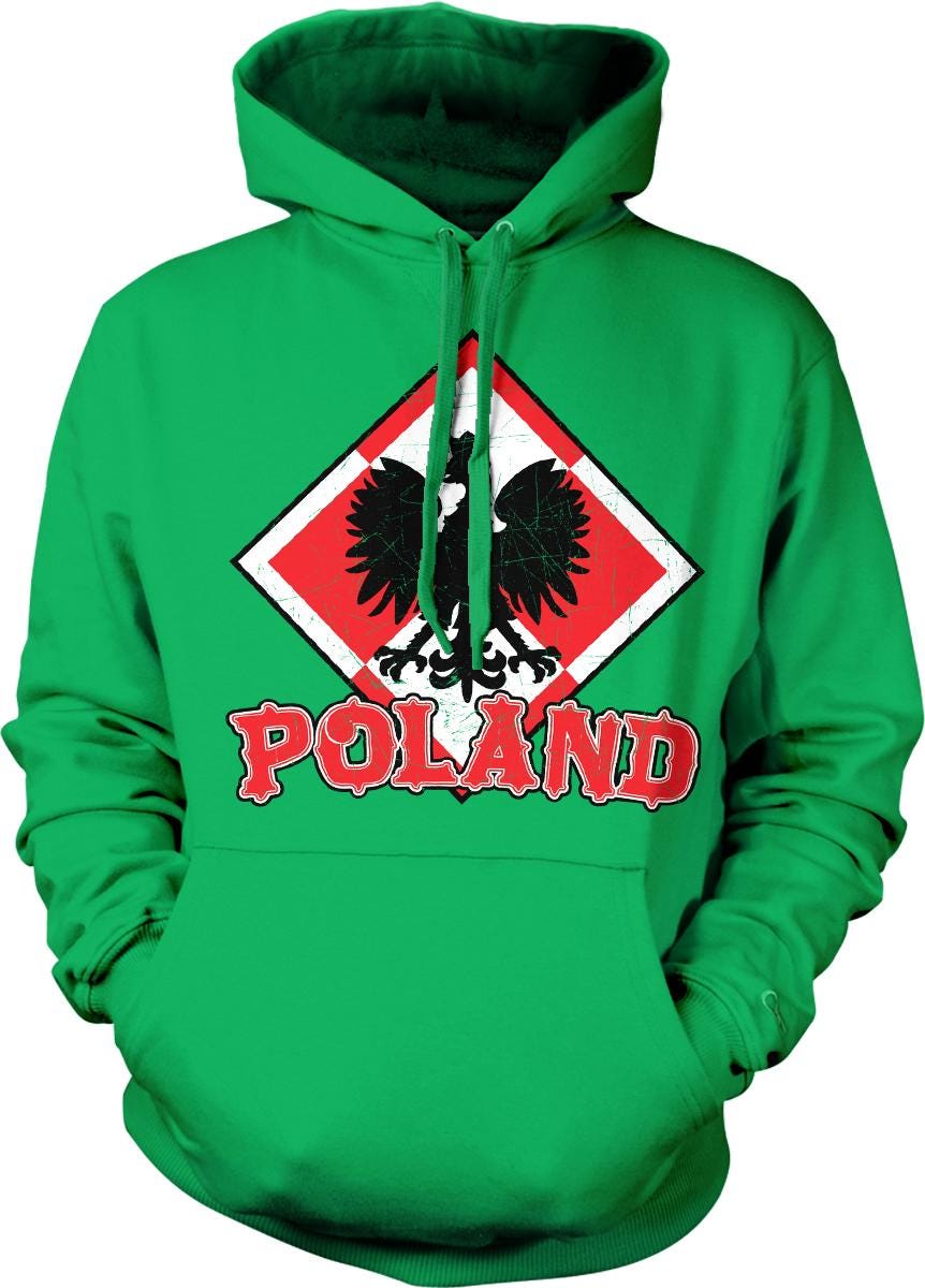 A bright green hoodie with a graphic design featuring a red and white diamond shape with a black eagle and the word "POLAND" written in red letters.