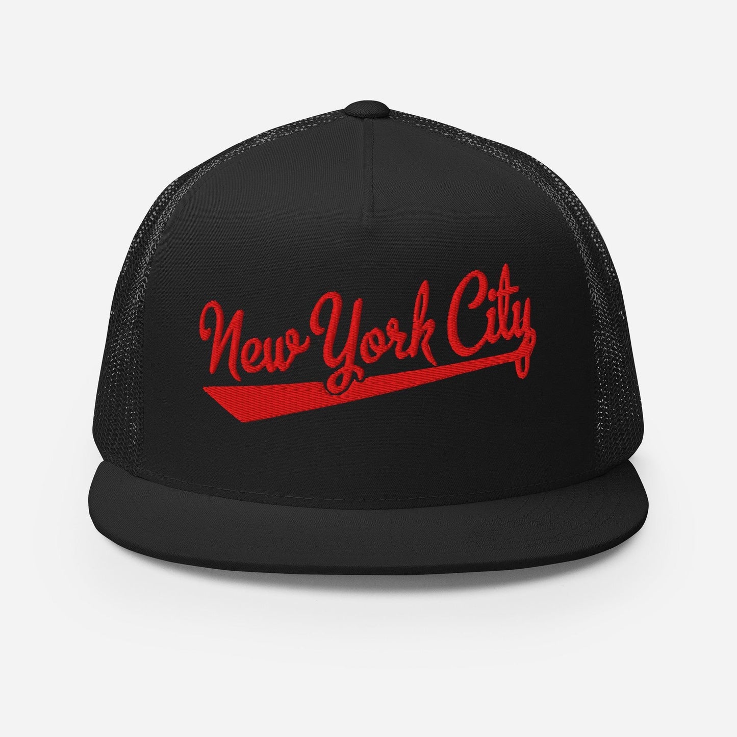 A black baseball cap with the text "New York City" printed in red on it.