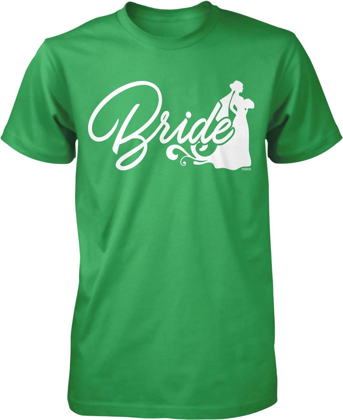 A green t-shirt with the word "Bride" printed on it in white text.
