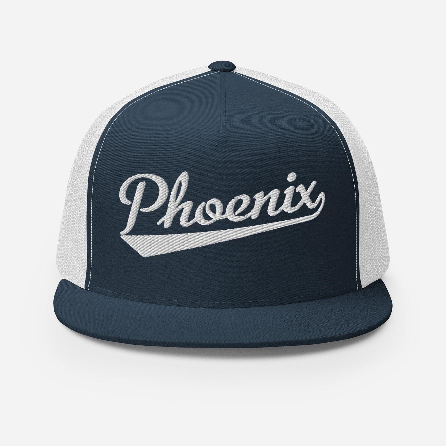 A navy blue and white baseball cap with the word "Phoenix" embroidered on it.