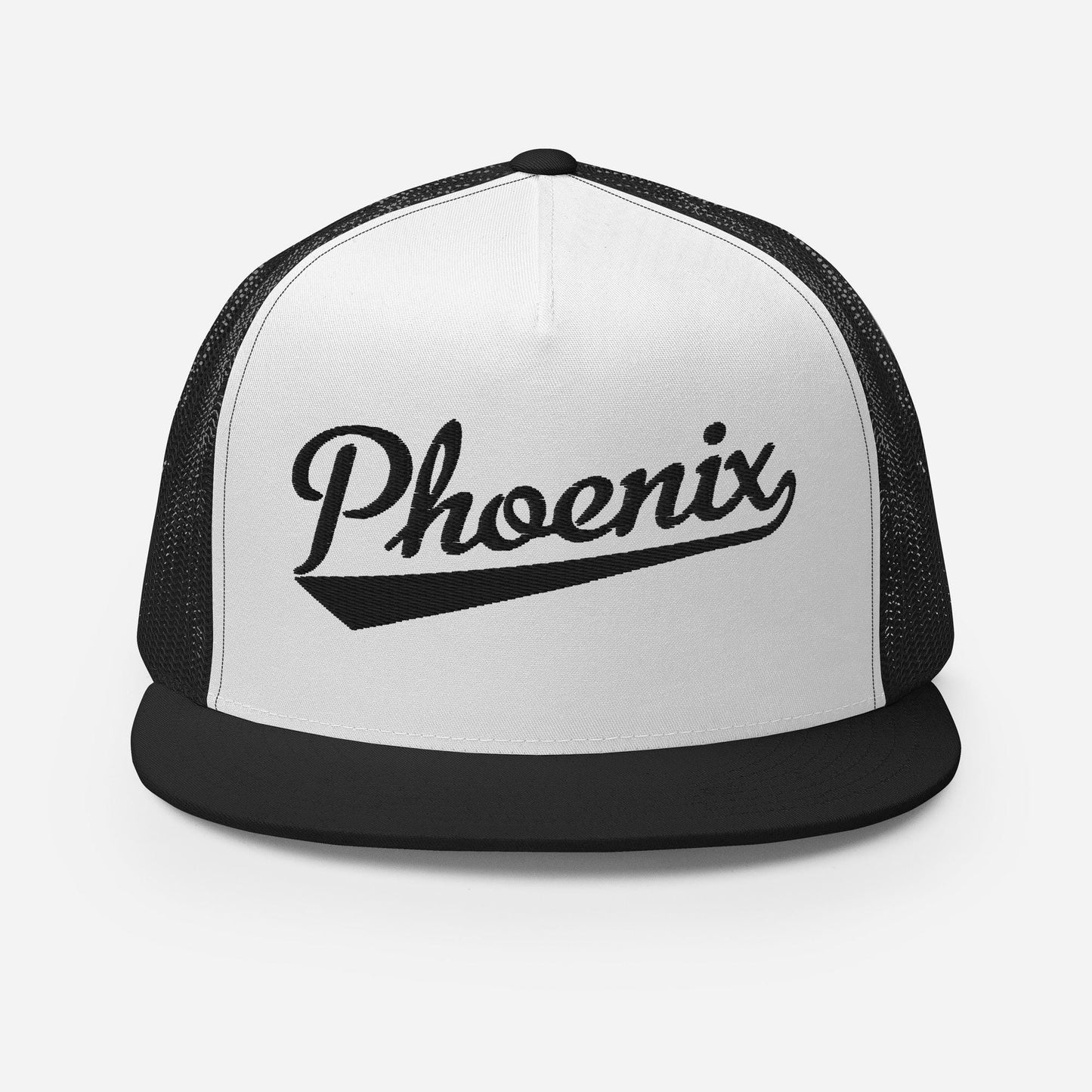 A black and white baseball cap with the word "Phoenix" printed on it.