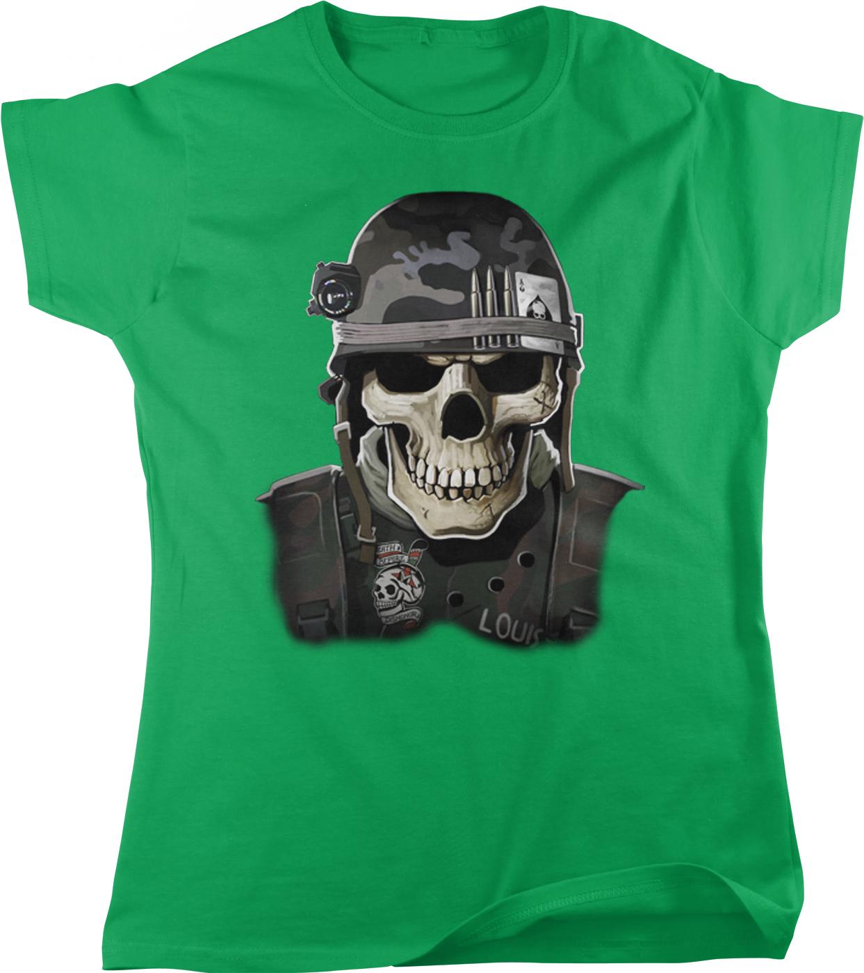 A green t-shirt with a graphic design depicting a skull wearing a military-style helmet and carrying a badge.