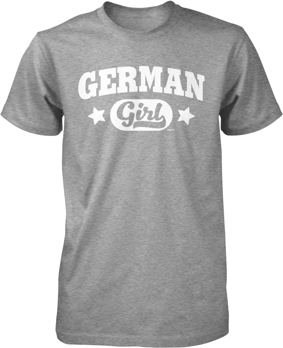 A gray t-shirt with the text "GERMAN Girl" printed on it.