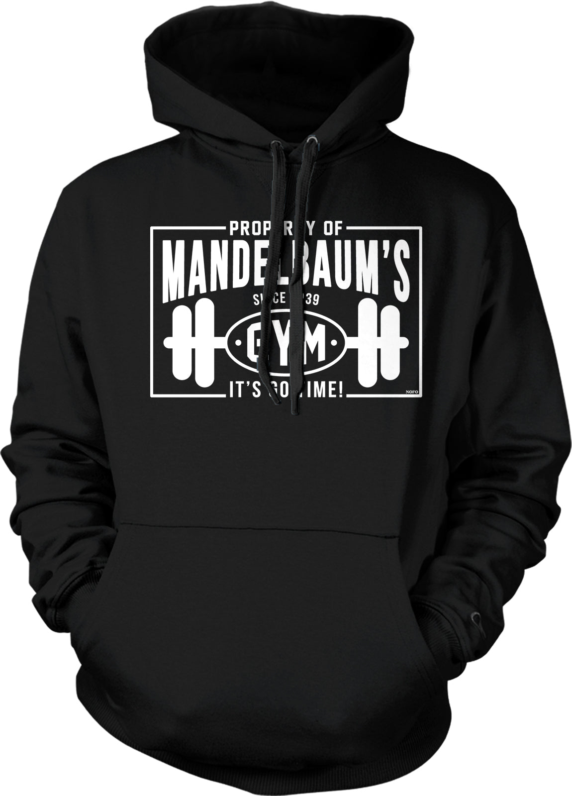 A black hoodie with a white graphic design on it.
