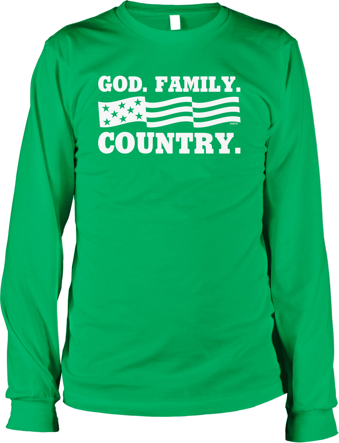 A green long-sleeved shirt with the text "GOD. FAMILY. COUNTRY." printed on it.