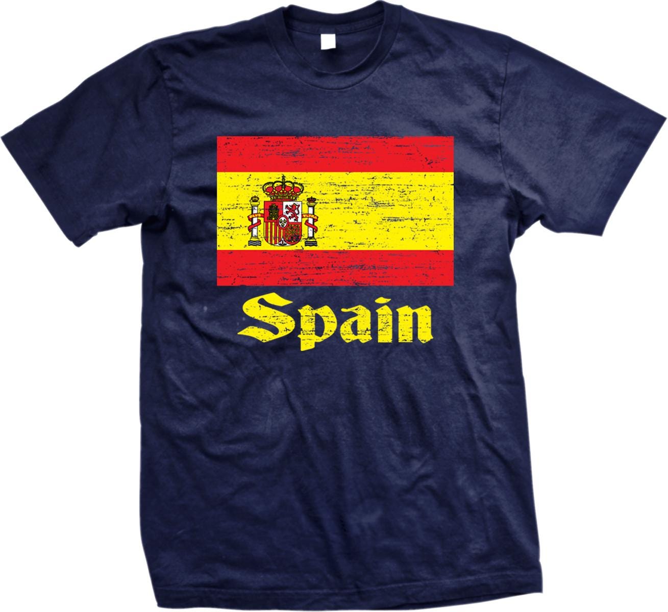 A navy blue t-shirt with a graphic design depicting the flag of Spain and the word "Spanish" written below it.