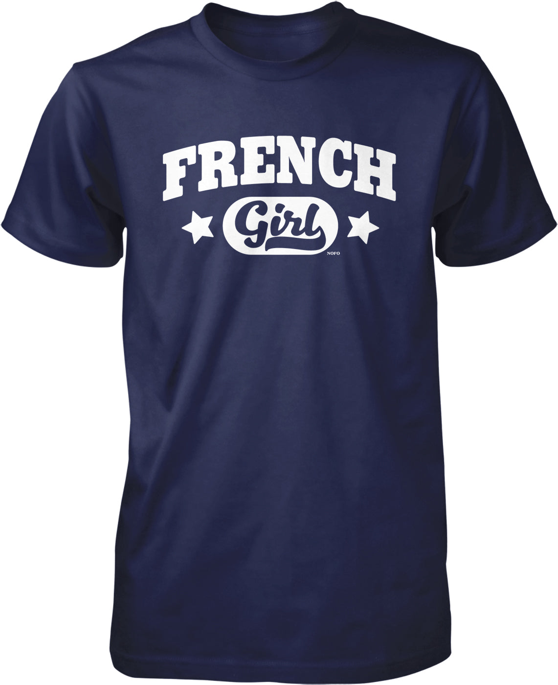 A navy blue t-shirt with the text "French Girl" printed on it in white.