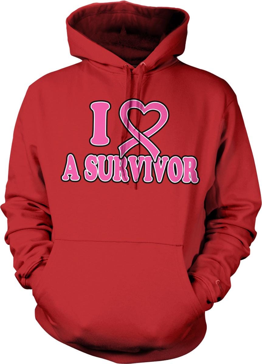 A red hoodie with the text "I ♥ A SURVIVOR" printed on it.