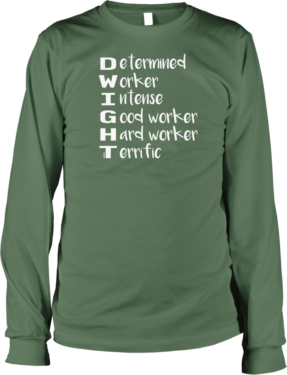 A green long-sleeved t-shirt with white text printed on it.