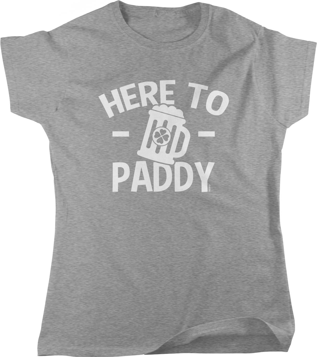 A gray t-shirt with the text "HERE TO PADDY" printed on it.