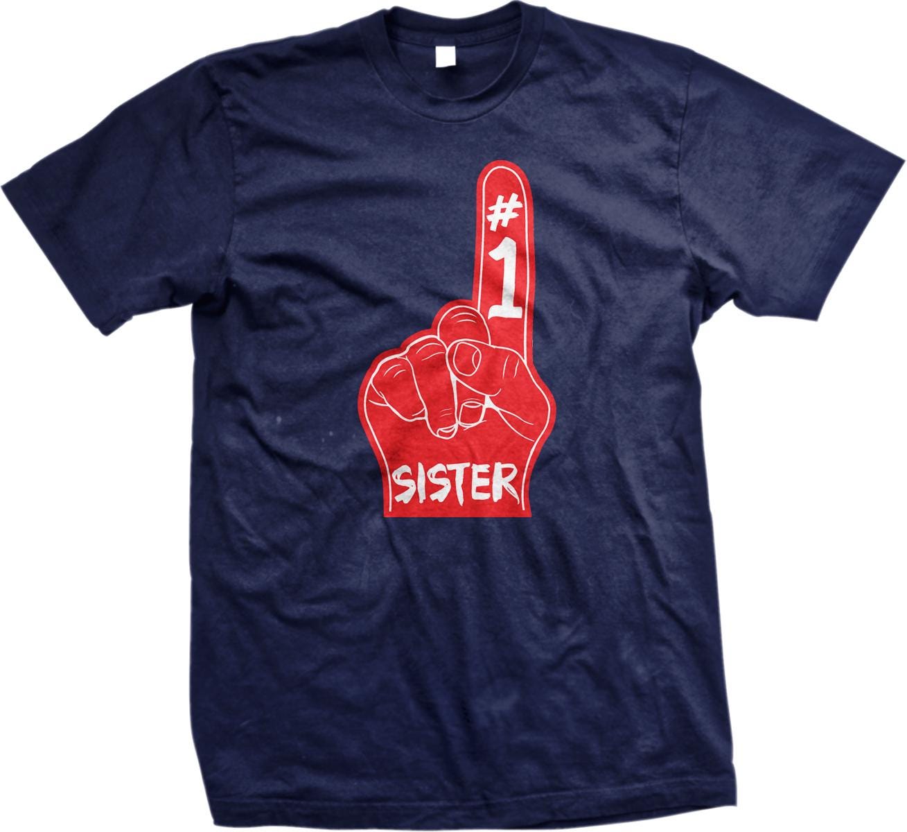 A navy blue t-shirt with a red graphic design depicting a hand with the number 1 and the word "SISTER" written below it.