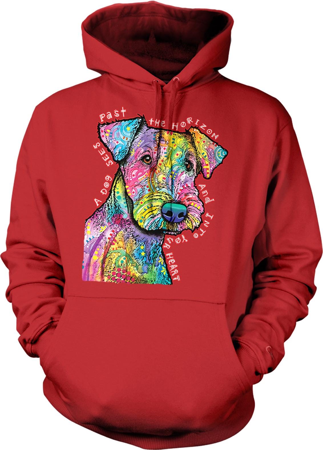A red hoodie with a colorful, abstract dog design on the front.