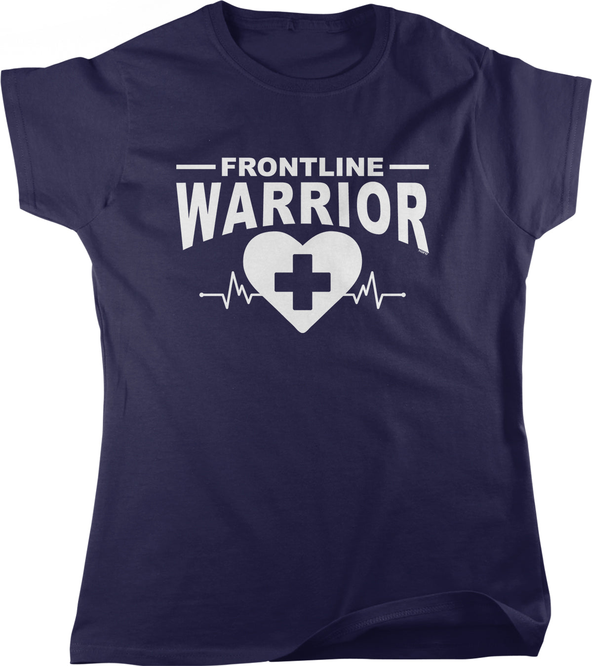 The image is a navy blue t-shirt with a white graphic design that says "Frontline Warrior" and features a heart symbol with a medical cross inside it.