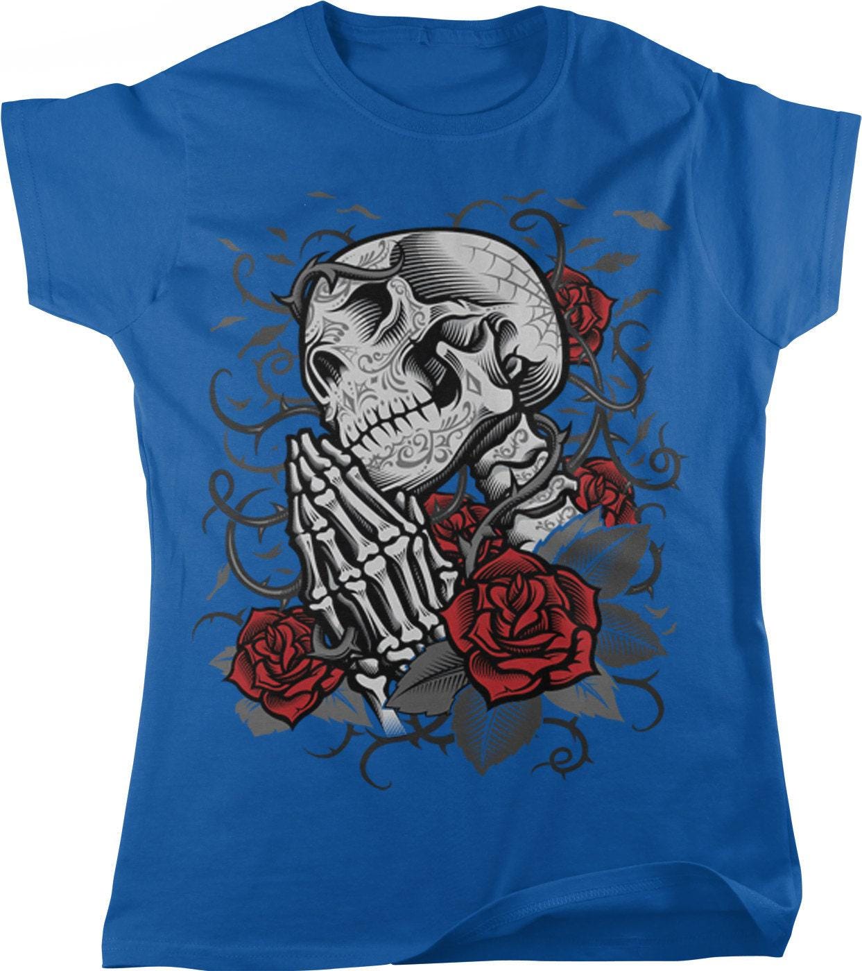 Dia De Muertos T-Shirt – Skeleton Womens Tee With Red Roses & Thorn Motif