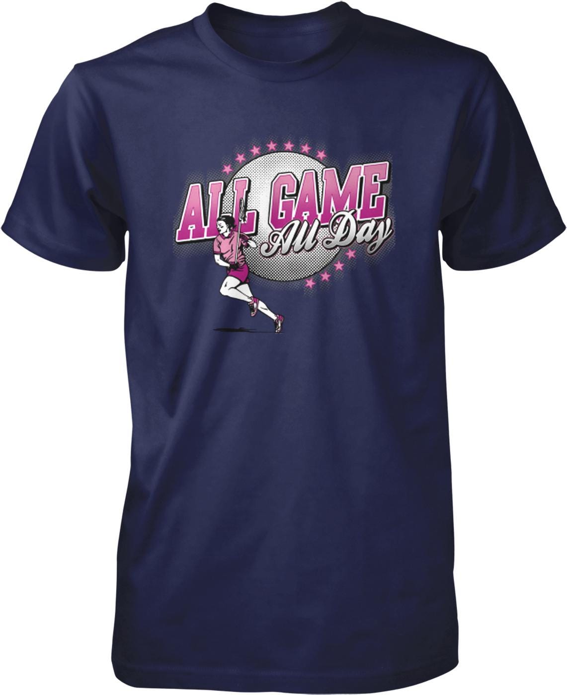 A navy blue t-shirt with a graphic design featuring a woman running and the text "All Game All Day" in pink and white.