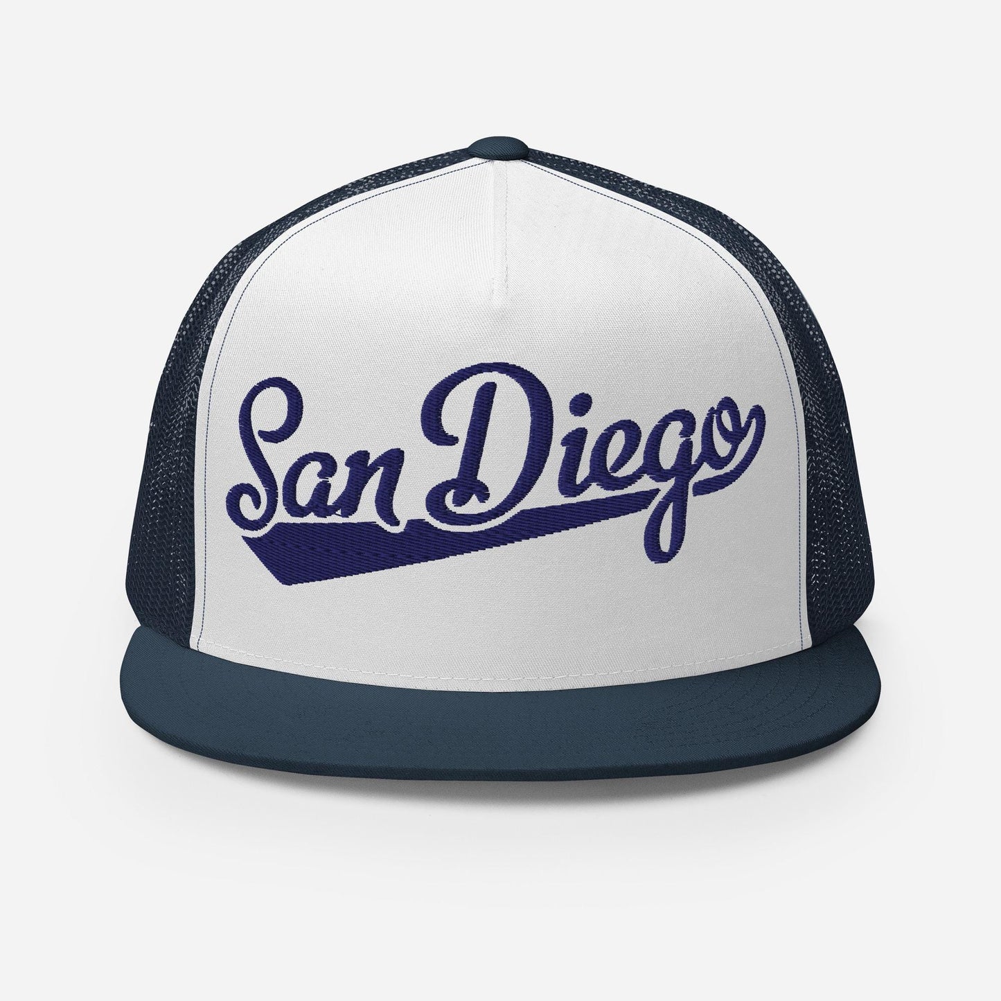 Snapback Trucker Hat - San Diego Script Baseball Five Panel Cap With Breathable Mesh