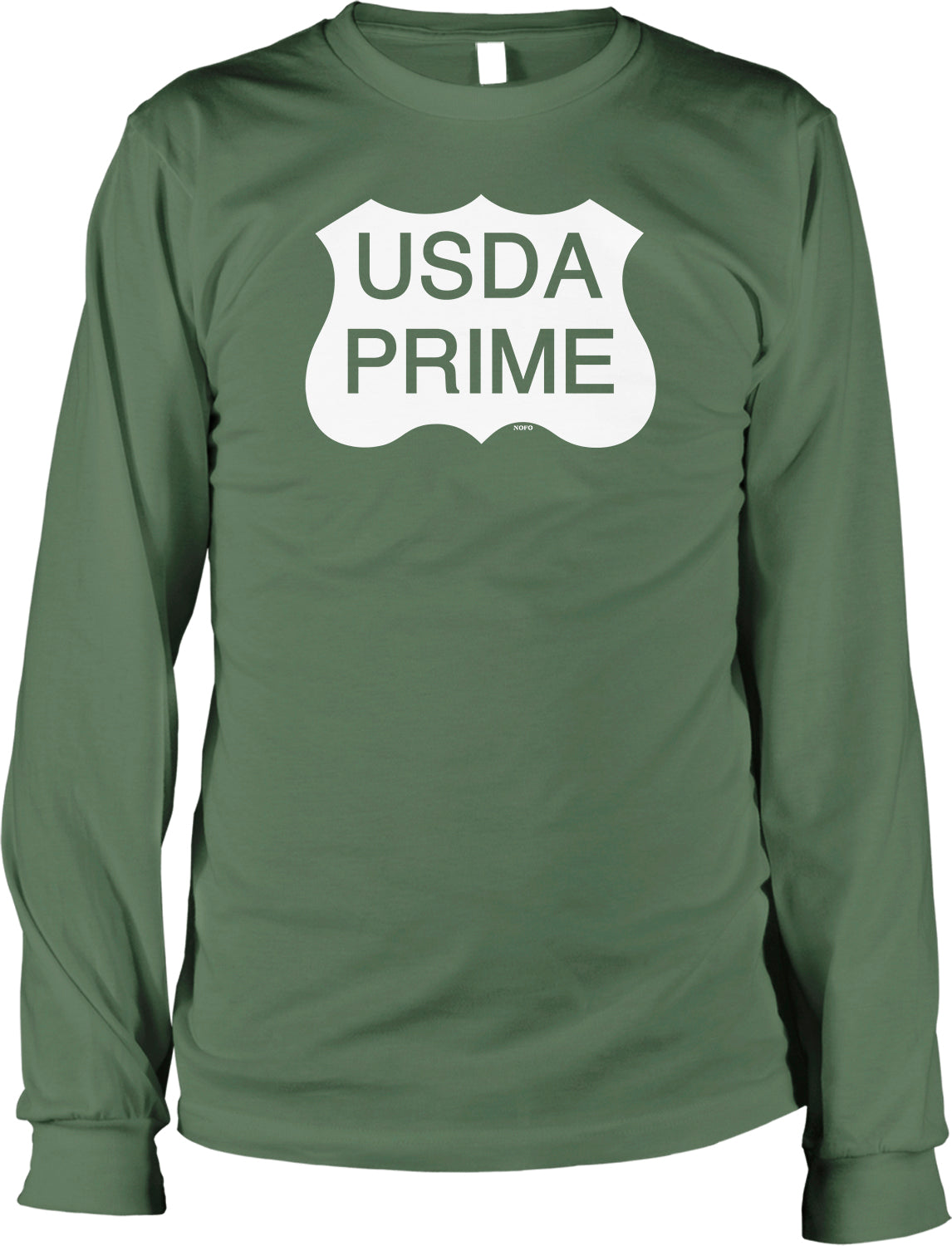 A green long-sleeved t-shirt with the text "USDA PRIME" printed on it.