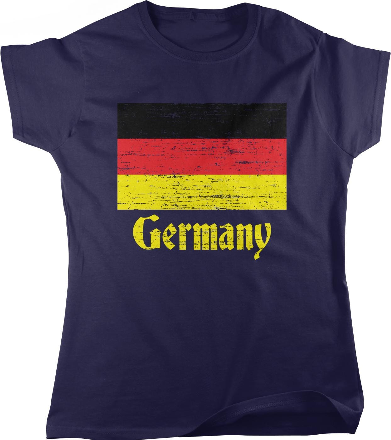 A dark blue t-shirt with a graphic design featuring the flag of Germany and the word "Germany" printed on it.