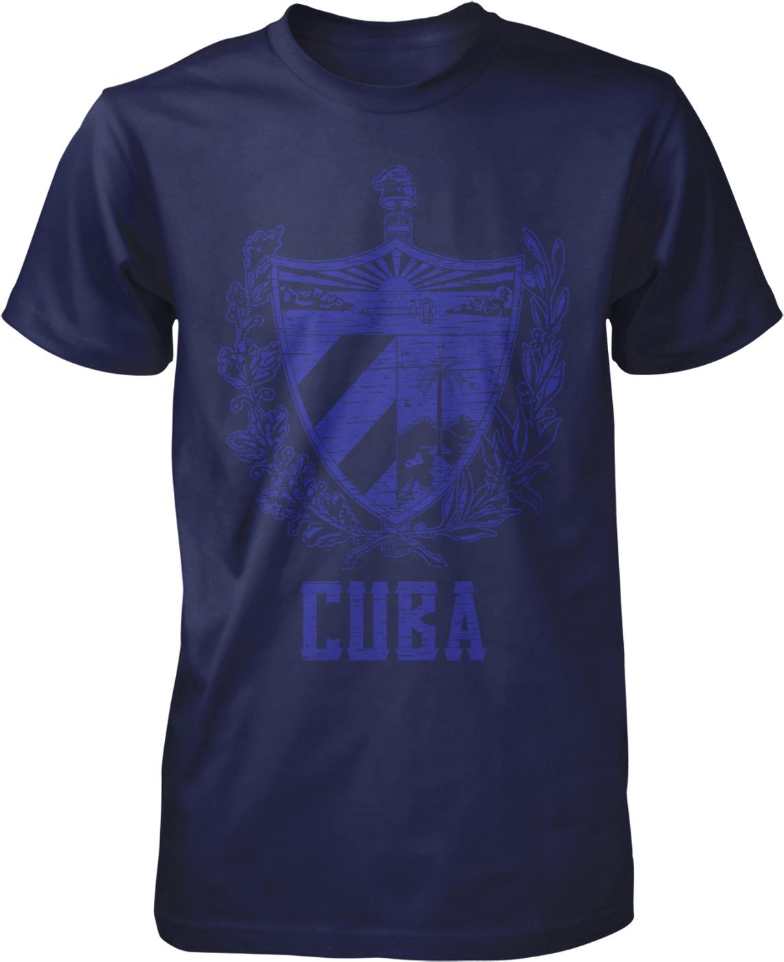 A navy blue t-shirt with a graphic design depicting a shield with a sword and a wreath, along with the word "CUBA" printed below.