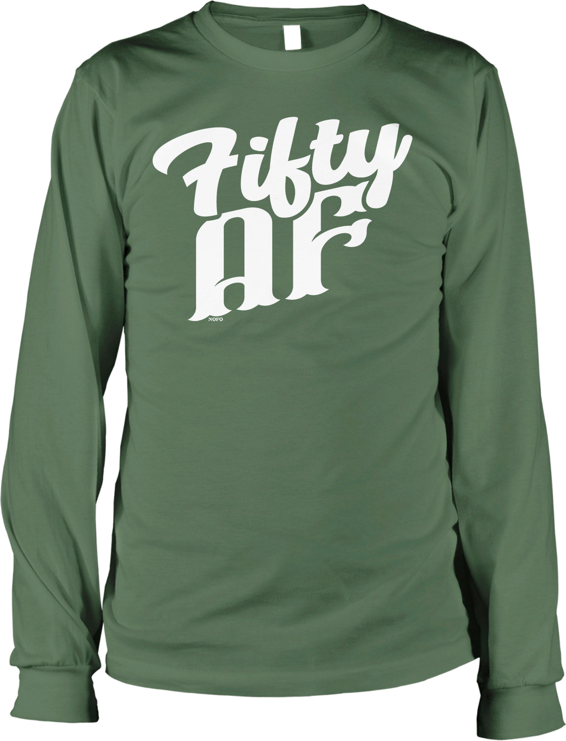 A green long-sleeved t-shirt with the text "Fifty AF" printed on it in white.