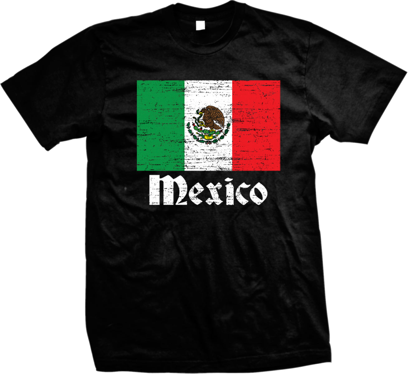 A black t-shirt with the text "Mexico" printed on it, along with the Mexican flag design.